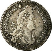 France 4 Sols 2 Deniers Louis XIV 1691 K KM# 281.7 LVD XIIII D G FR ET NAV REX 1691 coin obverse France 4 Sols 2 Deniers Louis XIV 1691 K KM# 281.7 LVD XIIII D G FR ET NAV REX 1691 coin obverse
