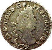 France 4 Sols 2 Deniers Louis XIV 1692 H KM# 281.6 LVD XIIII D G FR ET NAV REX 1692 coin obverse France 4 Sols 2 Deniers Louis XIV 1692 H KM# 281.6 LVD XIIII D G FR ET NAV REX 1692 coin obverse