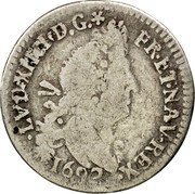 France 4 Sols 2 Deniers Louis XIV 1692 Numeral 9 KM# 281.20 LVD XIIII D G FR ET NAV REX 1692 coin obverse France 4 Sols 2 Deniers Louis XIV 1692 Numeral 9 KM# 281.20 LVD XIIII D G FR ET NAV REX 1692 coin obverse