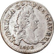 France 4 Sols 2 Deniers Louis XIV 1692 V KM# 281.15 LVD XIIII D G FR ET NAV REX 1692 coin obverse France 4 Sols 2 Deniers Louis XIV 1692 V KM# 281.15 LVD XIIII D G FR ET NAV REX 1692 coin obverse