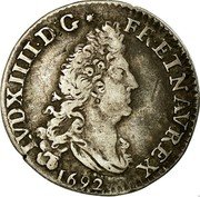 France 4 Sols 2 Deniers Louis XIV 1692 Y KM# 281.18 LVD XIIII D G FR ET NAV REX 1692 coin obverse France 4 Sols 2 Deniers Louis XIV 1692 Y KM# 281.18 LVD XIIII D G FR ET NAV REX 1692 coin obverse