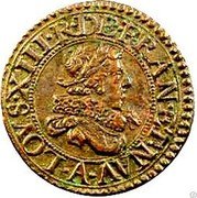 France Denier Tournois Louis XIII 1629 A KM# 79.1 LOYS XIII R DE FRAN ET NAV A coin obverse France Denier Tournois Louis XIII 1629 A KM# 79.1 LOYS XIII R DE FRAN ET NAV A coin obverse