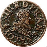 France Denier Tournois Louis XIII 1632 E KM# 79.3 LOYS XIII R D FRAN E(T) NA(V) coin obverse