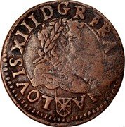 France Double Tournois Louis XIII 1635 KM# 85 LOVIS XIII D G FRAN E(T) NA(V) coin obverse France Double Tournois Louis XIII 1635 KM# 85 LOVIS XIII D G FRAN E(T) NA(V) coin obverse