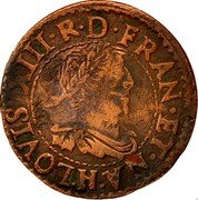 France Double Tournois Louis XIII 1639 H KM# 86.5 LOVIS XIII R D FRAN ET N(A)(V) H coin obverse France Double Tournois Louis XIII 1639 H KM# 86.5 LOVIS XIII R D FRAN ET N(A)(V) H coin obverse