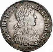 France ECU Louis XIV 1653 M KM# 181.3 LVD XIIII D G FR ET NA RE BD G coin obverse France ECU Louis XIV 1653 M KM# 181.3 LVD XIIII D G FR ET NA RE BD G coin obverse