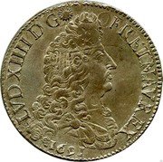 France ECU Louis XIV 1691 B KM# 275.2 LVD XIIII D G FR ET NAV REX 1691 coin obverse France ECU Louis XIV 1691 B KM# 275.2 LVD XIIII D G FR ET NAV REX 1691 coin obverse