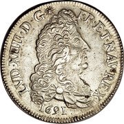France ECU Louis XIV 1691 H KM# 275.6 LVD XIIII D G FR ET NAV REX 1691 coin obverse France ECU Louis XIV 1691 H KM# 275.6 LVD XIIII D G FR ET NAV REX 1691 coin obverse