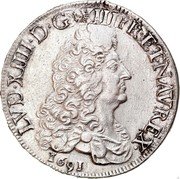 France ECU Louis XIV 1691 I KM# 275.7 LVD XIIII D G FR ET NAV REX 1691 coin obverse France ECU Louis XIV 1691 I KM# 275.7 LVD XIIII D G FR ET NAV REX 1691 coin obverse