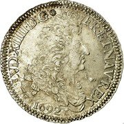 France ECU Louis XIV 1692 K KM# 275.8 LVD XIIII D G FR ET NAV REX 1692 coin obverse France ECU Louis XIV 1692 K KM# 275.8 LVD XIIII D G FR ET NAV REX 1692 coin obverse
