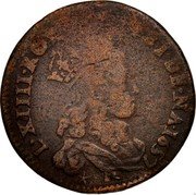 France Liard Louis XIV 1657 B KM# 192.2 L XIIII ROY DE FR ET DE NA 1655 coin obverse France Liard Louis XIV 1657 B KM# 192.2 L XIIII ROY DE FR ET DE NA 1655 coin obverse