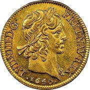 France Louis D'or Louis XIV 1640 A KM# 105 LVD XIIII D G FR ET NAV REX 1640 coin obverse France Louis D'or Louis XIV 1640 A KM# 105 LVD XIIII D G FR ET NAV REX 1640 coin obverse