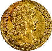 France Louis D'or Louis XIV 1640 A KM# 104 LVD XIIII D G FR ET NAV REX 1640 coin obverse France Louis D'or Louis XIV 1640 A KM# 104 LVD XIIII D G FR ET NAV REX 1640 coin obverse