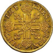 France Louis D'or Louis XIV 1640 A KM# 105 CHRS REGN VINC IMP A LL LL LL LL coin reverse France Louis D'or Louis XIV 1640 A KM# 105 CHRS REGN VINC IMP A LL LL LL LL coin reverse