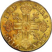 France Louis D'or Louis XIV 1640 A KM# 104 CHRS REGN VINC IMP A LL LL LL LL coin reverse France Louis D'or Louis XIV 1640 A KM# 104 CHRS REGN VINC IMP A LL LL LL LL coin reverse
