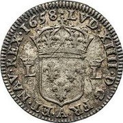 France Sizain Louis XIV 1658 KM# 198 LVD XIIII D G FR ET NAV REX 1658 A coin obverse France Sizain Louis XIV 1658 KM# 198 LVD XIIII D G FR ET NAV REX 1658 A coin obverse