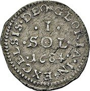 France Sol Louis XIV 1684 KM# 245 GLORIA. IN. EXCELSIS. DEO .I. .SOL. 1684 coin reverse France Sol Louis XIV 1684 KM# 245 GLORIA. IN. EXCELSIS. DEO .I. .SOL. 1684 coin reverse