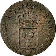 France 1/2 Sol Louis XV 1720 BB KM# 451.3 FRANCIÆ ET BB NAVARRÆ REX 17 20 coin reverse France 1/2 Sol Louis XV 1720 BB KM# 451.3 FRANCIÆ ET BB NAVARRÆ REX 17 20 coin reverse