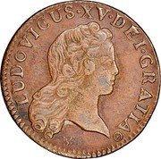 France 1/2 Sol Louis XV 1723 K KM# 451.5 LUDOVICUS XV DEI GRATIA coin obverse France 1/2 Sol Louis XV 1723 K KM# 451.5 LUDOVICUS XV DEI GRATIA coin obverse