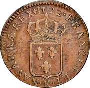 France 1/2 Sol Louis XV 1723 K KM# 451.5 FRANCIÆ ET K NAVARRÆ REX 1722 coin reverse France 1/2 Sol Louis XV 1723 K KM# 451.5 FRANCIÆ ET K NAVARRÆ REX 1722 coin reverse