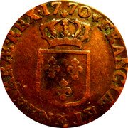 France 1/2 Sol Louis XV 1770 KM# 544.12 FRANCIÆ ET CC NAVARRÆ REX 17 70 coin reverse France 1/2 Sol Louis XV 1770 KM# 544.12 FRANCIÆ ET CC NAVARRÆ REX 17 70 coin reverse