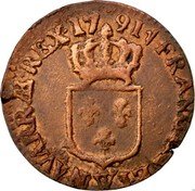 France 1/2 Sol Louis XVI 1791 W KM# 586.15 FRANCIÆ ET W NAVARRÆ REX 17 91 coin reverse France 1/2 Sol Louis XVI 1791 W KM# 586.15 FRANCIÆ ET W NAVARRÆ REX 17 91 coin reverse