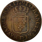 France 1/2 Sol (Louis XVI) KM# 586.5 FRANCIÆ ET D NAVARRÆ REX 17 91 coin reverse France 1/2 Sol (Louis XVI) KM# 586.5 FRANCIÆ ET D NAVARRÆ REX 17 91 coin reverse