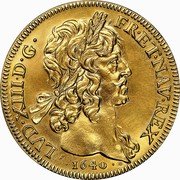 France 10 Louis D'or Louis XIII 1640 A KM# 114 LVD XIII D G FR ET NAV REX 1640 coin obverse France 10 Louis D'or Louis XIII 1640 A KM# 114 LVD XIII D G FR ET NAV REX 1640 coin obverse