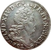 France 10 Sols-1/8 ECU Louis XIV 1702 BB KM# 348.2 LVD XIV D G FR ET NA REX 1703 coin obverse France 10 Sols-1/8 ECU Louis XIV 1702 BB KM# 348.2 LVD XIV D G FR ET NA REX 1703 coin obverse