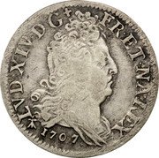 France 10 Sols-1/8 ECU Louis XIV 1707 AA KM# 348.1 LVD XIV D G FR ET NA REX 1706 coin obverse France 10 Sols-1/8 ECU Louis XIV 1707 AA KM# 348.1 LVD XIV D G FR ET NA REX 1706 coin obverse