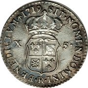 France 10 Sols-1/8 ECU Louis XV 1719 R KM# 441.12 SIT NOMEN DOMINI R BENEDICTVM 1719 X S coin reverse France 10 Sols-1/8 ECU Louis XV 1719 R KM# 441.12 SIT NOMEN DOMINI R BENEDICTVM 1719 X S coin reverse