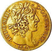 France 2 Louis D'or Louis XIII 1640 KM# 109 LVDO XIII D G F ET N REX 1640 coin obverse France 2 Louis D'or Louis XIII 1640 KM# 109 LVDO XIII D G F ET N REX 1640 coin obverse