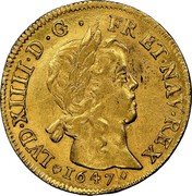 France 2 Louis D'or Louis XIV 1647 H KM# 158.4 LVD XIIII D G FR ET NAV REX 1647 coin obverse France 2 Louis D'or Louis XIV 1647 H KM# 158.4 LVD XIIII D G FR ET NAV REX 1647 coin obverse