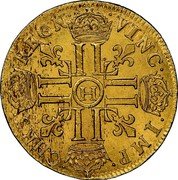 France 2 Louis D'or Louis XIV 1647 H KM# 158.4 CHRS REGN VINC IMP H coin reverse France 2 Louis D'or Louis XIV 1647 H KM# 158.4 CHRS REGN VINC IMP H coin reverse