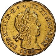 France 2 Louis D'or Louis XIV 1648 K KM# 158.5 LVD XIIII D G FR ET NAV REX 1648 coin obverse France 2 Louis D'or Louis XIV 1648 K KM# 158.5 LVD XIIII D G FR ET NAV REX 1648 coin obverse
