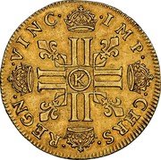 France 2 Louis D'or Louis XIV 1648 K KM# 158.5 CHRS REGN VINC IMP K coin reverse France 2 Louis D'or Louis XIV 1648 K KM# 158.5 CHRS REGN VINC IMP K coin reverse