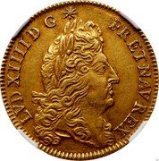 France 2 Louis D'or Louis XIV 1690 B KM# 280.2 LVD XIIII D G FR ET NAV REX coin obverse France 2 Louis D'or Louis XIV 1690 B KM# 280.2 LVD XIIII D G FR ET NAV REX coin obverse