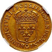 France 2 Louis D'or Louis XIV 1690 B KM# 280.2 B SIT NOMEN DOMINI BENEDICTVM 1690 coin reverse France 2 Louis D'or Louis XIV 1690 B KM# 280.2 B SIT NOMEN DOMINI BENEDICTVM 1690 coin reverse