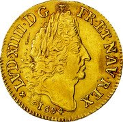 France 2 Louis D'or Louis XIV 1694 H KM# 303.10 LVD XIIII D G FR ET NAV REX 1694 coin obverse France 2 Louis D'or Louis XIV 1694 H KM# 303.10 LVD XIIII D G FR ET NAV REX 1694 coin obverse