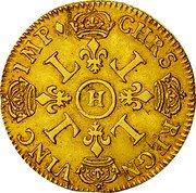 France 2 Louis D'or Louis XIV 1694 H KM# 303.10 CHRS REGN VINC IMP L L L L H coin reverse France 2 Louis D'or Louis XIV 1694 H KM# 303.10 CHRS REGN VINC IMP L L L L H coin reverse