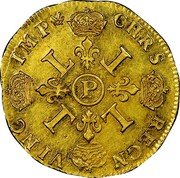 France 2 Louis D'or Louis XIV 1694 P KM# 303.17 CHRS REGN VINC IMP P coin reverse France 2 Louis D'or Louis XIV 1694 P KM# 303.17 CHRS REGN VINC IMP P coin reverse