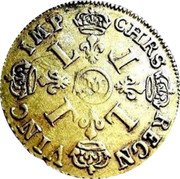 France 2 Louis D'or Louis XIV 1696 M KM# 303.14 CHRS REGN VINC IMP L L L L M coin reverse France 2 Louis D'or Louis XIV 1696 M KM# 303.14 CHRS REGN VINC IMP L L L L M coin reverse