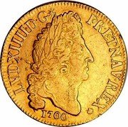 France 2 Louis D'or Louis XIV 1700 A KM# 303.1 LVD XIIII D G FR ET NAV REX 1700 coin obverse France 2 Louis D'or Louis XIV 1700 A KM# 303.1 LVD XIIII D G FR ET NAV REX 1700 coin obverse