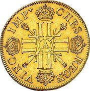 France 2 Louis D'or Louis XIV 1700 A KM# 335.1 CHRS REGN VINC IMP A coin reverse France 2 Louis D'or Louis XIV 1700 A KM# 335.1 CHRS REGN VINC IMP A coin reverse