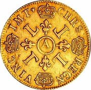 France 2 Louis D'or Louis XIV 1700 A KM# 303.1 CHRS REGN VINC IMP L L L L A coin reverse France 2 Louis D'or Louis XIV 1700 A KM# 303.1 CHRS REGN VINC IMP L L L L A coin reverse