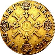 France 2 Louis D'or Louis XIV 1700 D KM# 303.6 CHRS REGN VINC IMP L L L L D coin reverse France 2 Louis D'or Louis XIV 1700 D KM# 303.6 CHRS REGN VINC IMP L L L L D coin reverse