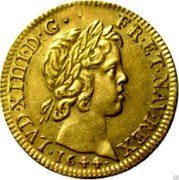 France 2 Louis D'or (Louis XIV) KM# 158.1 LVD XIIII D G FR ET NAV REX 1644 coin obverse France 2 Louis D'or (Louis XIV) KM# 158.1 LVD XIIII D G FR ET NAV REX 1644 coin obverse
