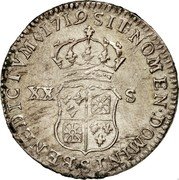 France 20 Sols (1/6 ECU) Louis XV 1719 S KM# 440.18 SIT NOMEN DOMINI S BENEDICTVM 1719 XX S coin reverse France 20 Sols (1/6 ECU) Louis XV 1719 S KM# 440.18 SIT NOMEN DOMINI S BENEDICTVM 1719 XX S coin reverse