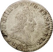 France 5 Sols (1/16 ECU) Louis XIV 1702 E KM# 337.7 LVD XIIII D G FR ET NAV REX 1702 coin obverse France 5 Sols (1/16 ECU) Louis XIV 1702 E KM# 337.7 LVD XIIII D G FR ET NAV REX 1702 coin obverse