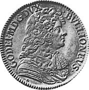 France 5 Sols Geoffrey Maurice 1684 Restrike c.1845-60 KM# 45 BVLLIONEVS. GOD. EF. MD. G. DVX coin obverse France 5 Sols Geoffrey Maurice 1684 Restrike c.1845-60 KM# 45 BVLLIONEVS. GOD. EF. MD. G. DVX coin obverse